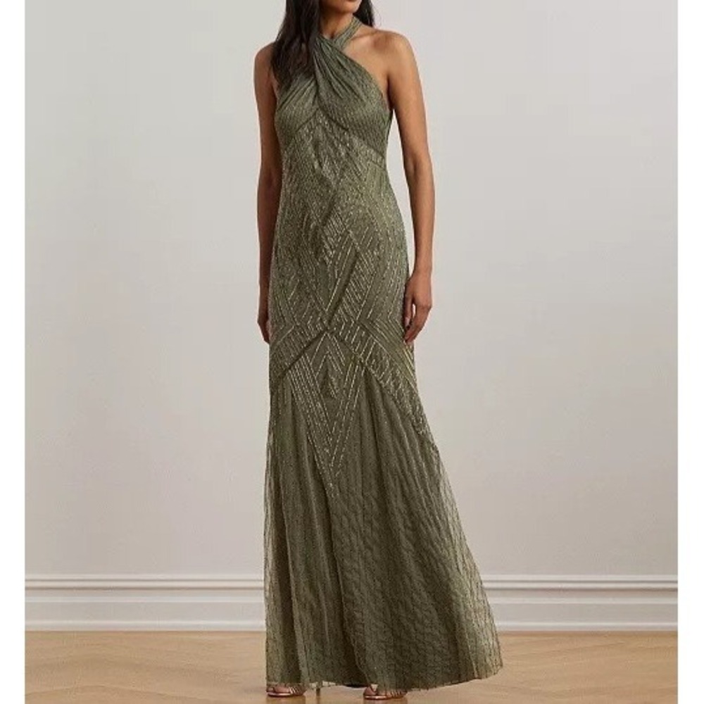Ralph Lauren Beaded Mesh Sleeveless Halter Green Gown Dress Womens Size 12